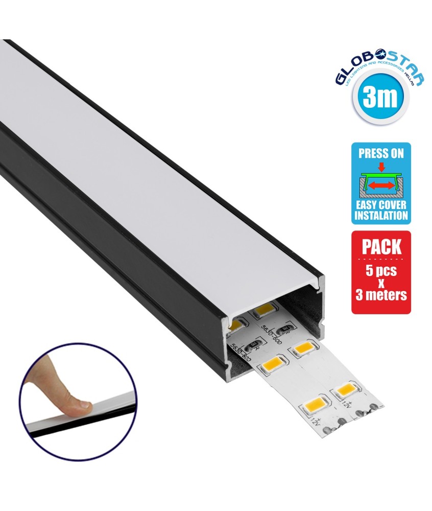 GLOBOSTAR® ALP-LINEAR VEXTA 70825-3M Επιφανειακό Προφίλ Αλουμινίου με Λευκό Γαλακτερό Πατητό Κάλυμμα για Ταινίες LED IP20 - Μαύρο & Λευκό - Μ300 x Π3 x Υ2cm - Πακέτο 5 Τεμαχίων